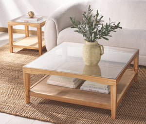 Safavieh Nicolella Square Coffee Table With Glass Top And Linen Shelf – Elegant Elm Wood Frame Design Natural Wood ,Tempered Glass ,Linen Sfv2311a
