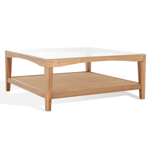 Safavieh Nicolella Square Coffee Table With Glass Top And Linen Shelf – Elegant Elm Wood Frame Design Natural Wood ,Tempered Glass ,Linen Sfv2311a