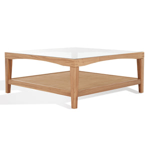 Safavieh Nicolella Square Coffee Table With Glass Top And Linen Shelf – Elegant Elm Wood Frame Design Natural Wood ,Tempered Glass ,Linen Sfv2311a