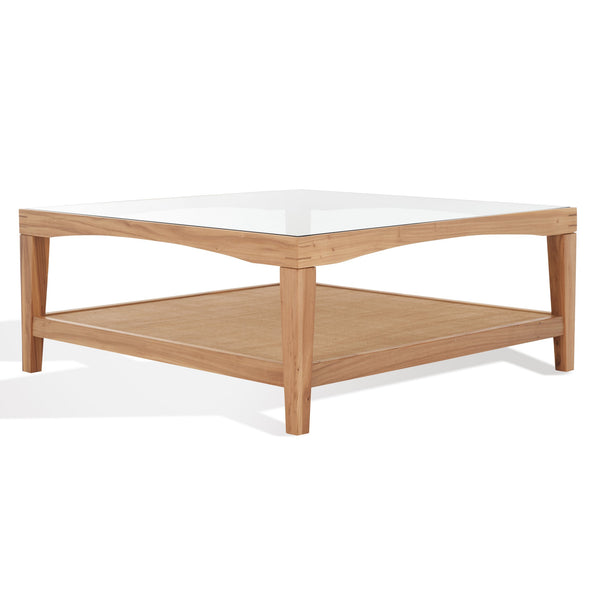 Safavieh Nicolella Square Coffee Table With Glass Top And Linen Shelf – Elegant Elm Wood Frame Design Natural Wood ,Tempered Glass ,Linen Sfv2311a