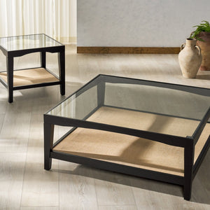 Safavieh NICOLELLA Square Glass Coffee Table with Elegant Elm Wood Frame and Linen Shelf for Stylish Living Black SFV2311B