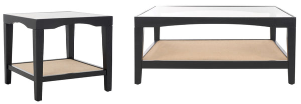 Safavieh NICOLELLA Square Glass Coffee Table with Elegant Elm Wood Frame and Linen Shelf for Stylish Living Black SFV2311B