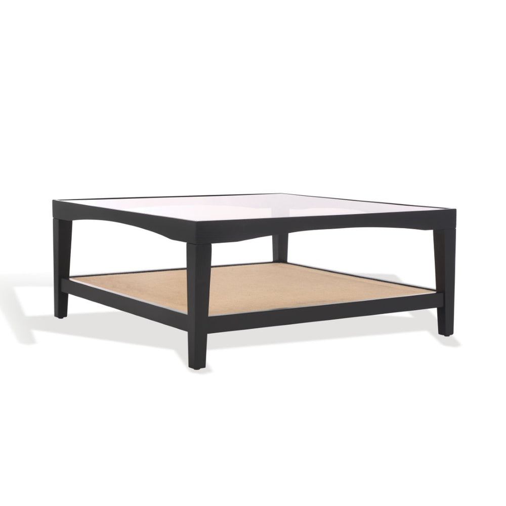 Safavieh NICOLELLA Square Glass Coffee Table with Elegant Elm Wood Frame and Linen Shelf for Stylish Living Black SFV2311B