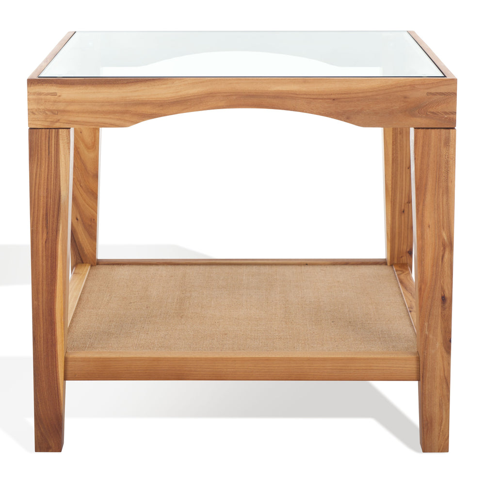 Safavieh Nicolella Elegant Glass And Elm Wood Accent Table With Linen Shelf For Stylish Home Décor Natural Wood ,Tempered Glass ,Linen Sfv2312a