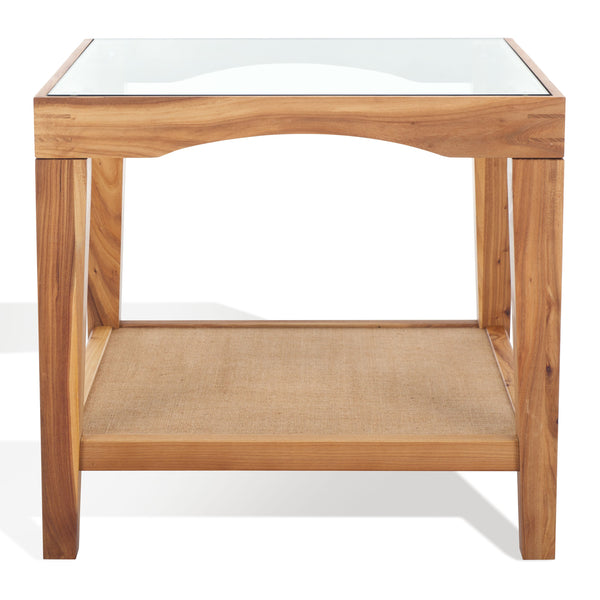 Safavieh Nicolella Elegant Glass And Elm Wood Accent Table With Linen Shelf For Stylish Home Décor Natural Wood ,Tempered Glass ,Linen Sfv2312a