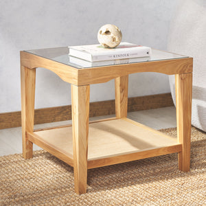 Safavieh Nicolella Elegant Glass And Elm Wood Accent Table With Linen Shelf For Stylish Home Décor Natural Wood ,Tempered Glass ,Linen Sfv2312a