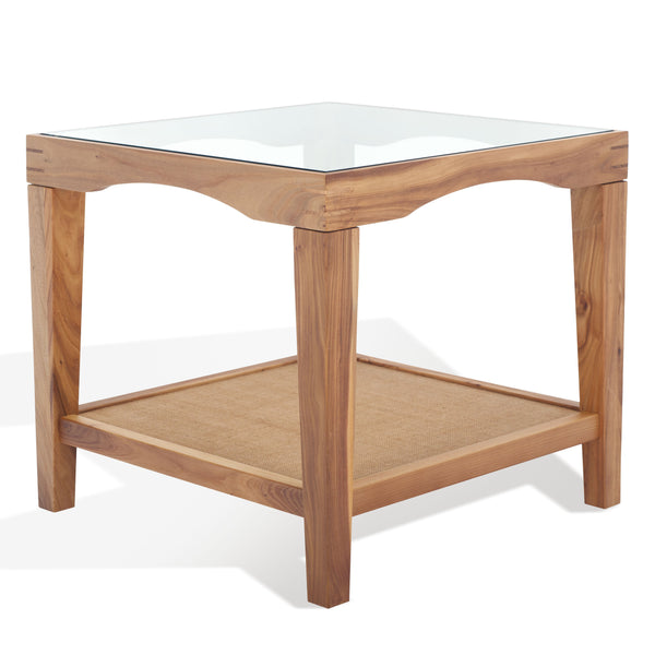 Safavieh Nicolella Elegant Glass And Elm Wood Accent Table With Linen Shelf For Stylish Home Décor Natural Wood ,Tempered Glass ,Linen Sfv2312a