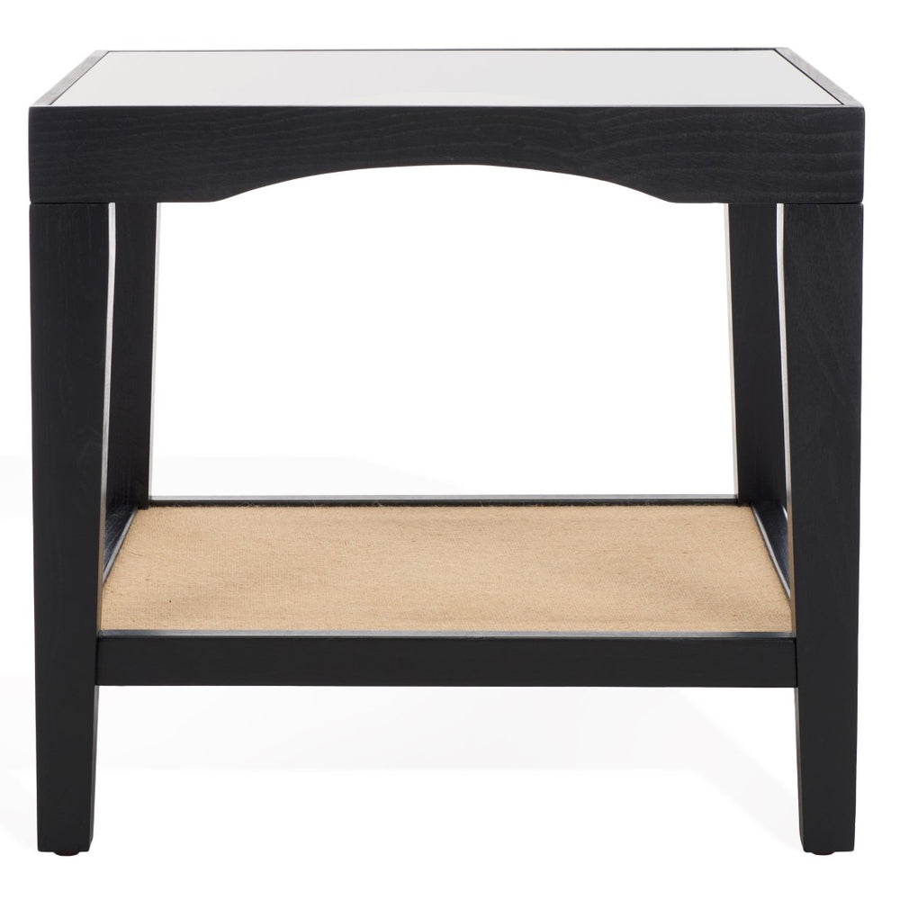 Safavieh NICOLELLA Square Glass Accent Table - Stylish Elm Wood Frame with Linen Shelf for Modern Living Spaces Black SFV2312B