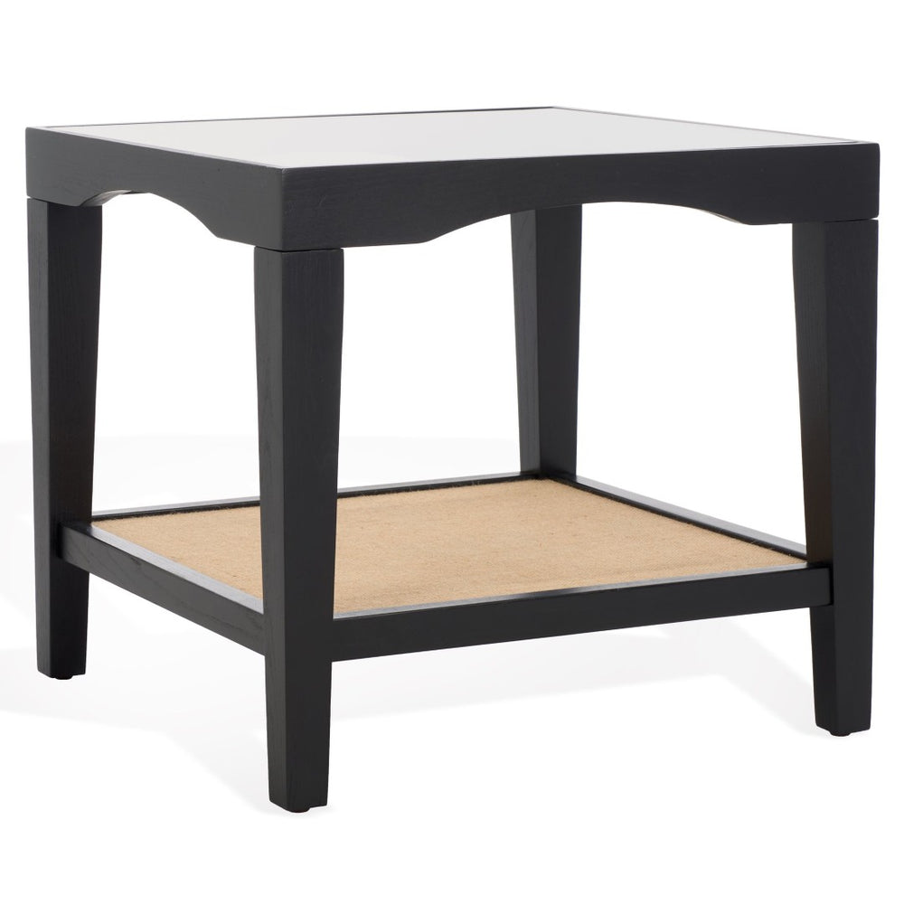 Safavieh NICOLELLA Square Glass Accent Table - Stylish Elm Wood Frame with Linen Shelf for Modern Living Spaces Black SFV2312B