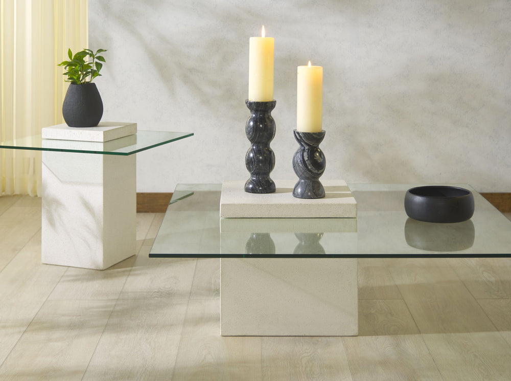 Safavieh Sophibeth Elegant Ivory Concrete & Clear Glass Accent Table | Industrial Modern Home Décor Piece Ivory ,Clear Cast Gfrc Concrete ,Metal ,Glass Sfv2610a-2bx