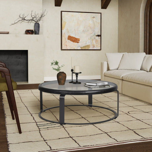 Safavieh TYRESE Round Coffee Table - Modern Black Metal Frame with Clear Glass Top & Wooden Shelf for Storage SFV3005A