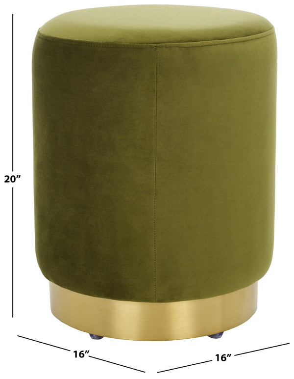 Safavieh ELSWORTH Velvet Ottoman with Sculptural Base - Luxurious Seating & Stylish Accent for Any Space Olive Green / Brass SFV3558D