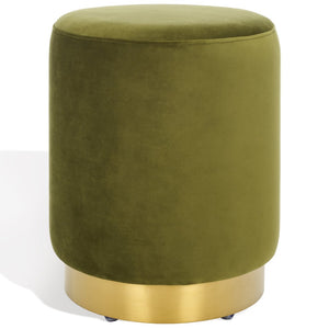 Safavieh ELSWORTH Velvet Ottoman with Sculptural Base - Luxurious Seating & Stylish Accent for Any Space Olive Green / Brass SFV3558D