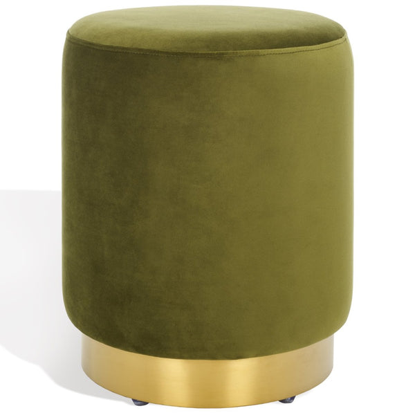 Safavieh ELSWORTH Velvet Ottoman with Sculptural Base - Luxurious Seating & Stylish Accent for Any Space Olive Green / Brass SFV3558D