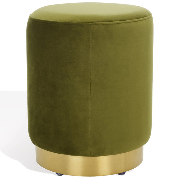 Safavieh ELSWORTH Velvet Ottoman with Sculptural Base - Luxurious Seating & Stylish Accent for Any Space Olive Green / Brass SFV3558D