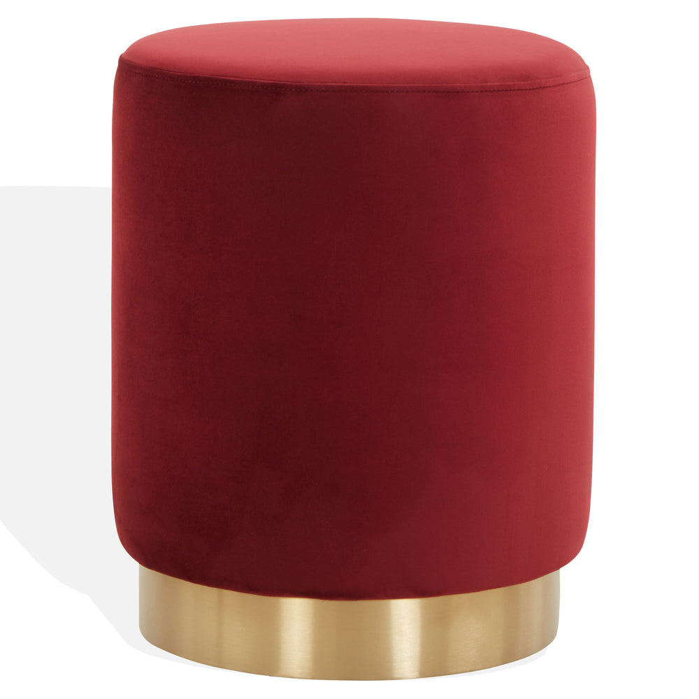 Safavieh Elsworth Luxurious Burgundy Velvet Ottoman With Sculptural Brass Base For Chic Living Room Style Burgundy ,Brass Wood ,Metal ,Fabric ,Foam Sfv3558h