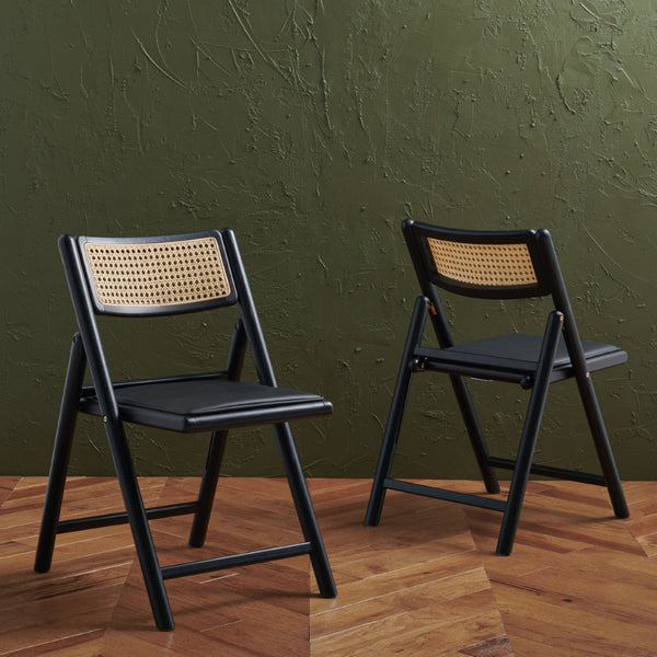 Safavieh SHAYLIE Folding Dining Chair - Sleek Black Upholstered Seat with Rattan Back for Modern Spaces SFV4117A-SET2