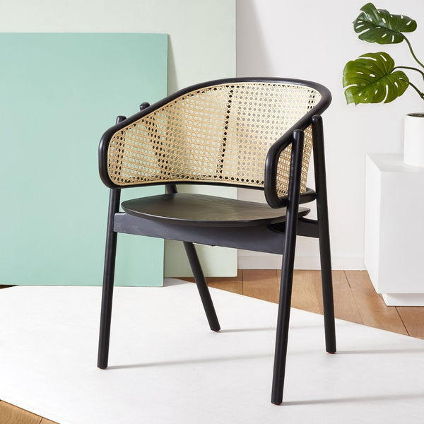 Safavieh EMMY RATTAN BACK DINING CHAIR - Modern Comfort with Curved Design and Sturdy Ash Wood Legs Black / Natural SFV4128A
