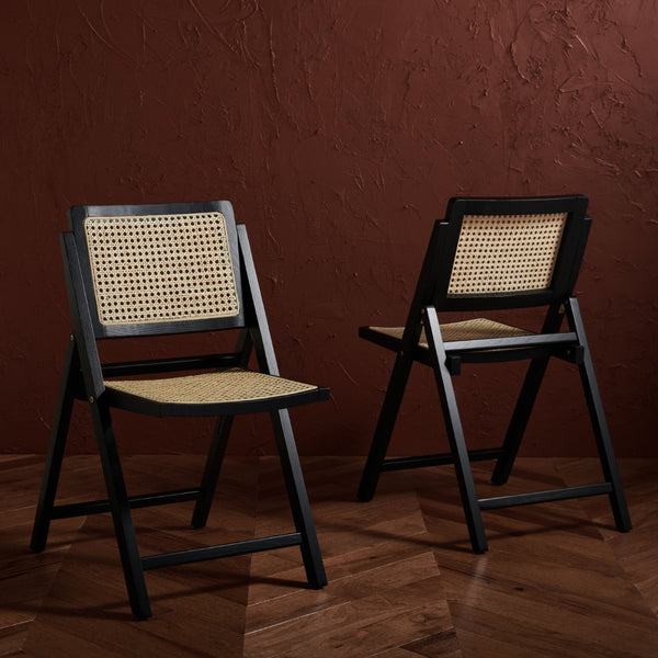 Safavieh DESIREE Elegant Folding Dining Chair - Handcrafted Solid Ash Wood with Rattan Mesh for Versatile Use Black / Natural SFV4137A-SET2