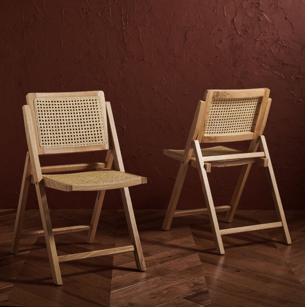 Safavieh DESIREE Elegant Folding Dining Chair - Handcrafted Solid Ash Wood with Rattan Mesh for Versatile Use Natural SFV4137B-SET2