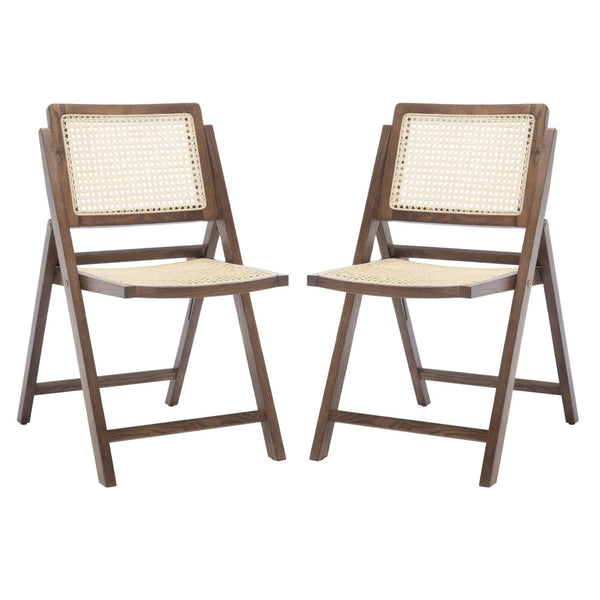 Safavieh DESIREE Elegant Folding Dining Chair - Handcrafted Solid Ash Wood with Rattan Mesh for Versatile Use Walnut / Natural SFV4137D-SET2