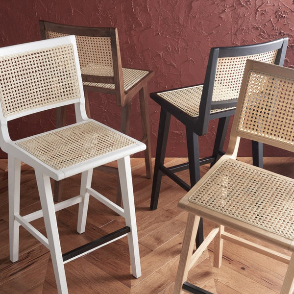 Safavieh HATTIE French Cane Barstool - Modern Rattan Design for Stylish Dining Spaces and Casual Gatherings Walnut / Natural SFV4140D
