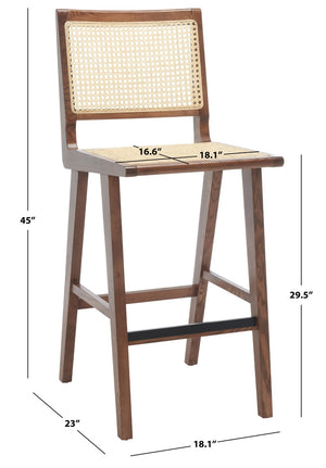 Safavieh HATTIE French Cane Barstool - Modern Rattan Design for Stylish Dining Spaces and Casual Gatherings Walnut / Natural SFV4140D