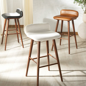 Safavieh TAZMYN Linen Barstool - Elegant White Seat with Walnut Base, Ideal for Modern Kitchens & Bars SFV4159C