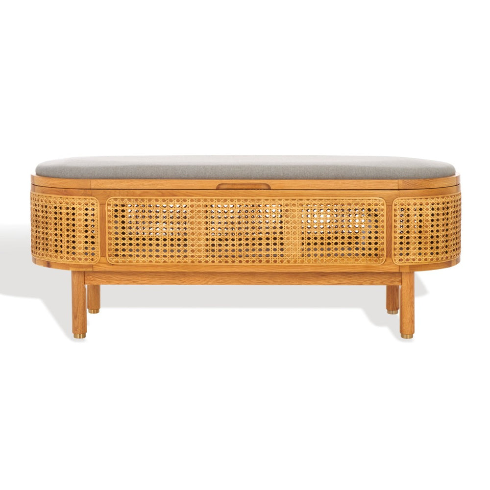Safavieh DOLLY Storage Bench with Cushioned Grey Seat & Natural Cane Accents for Stylish Home Organization SFV4205A