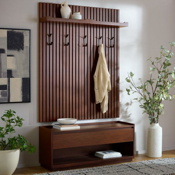 Safavieh PETRABELLA Hall Tree with Bench – Elegant Walnut & Black Metal Design for Entryway Storage & Style SFV4214A
