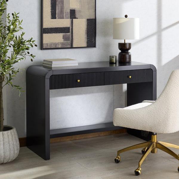 Liabella Curved 2-Drawer Desk With Wood Top And Metal Frame – Compact Ergonomic Workspace, Stylish Storage