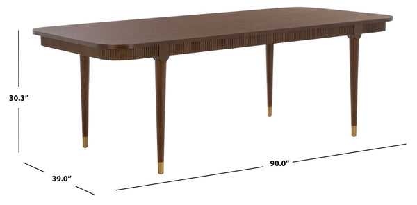 Safavieh Kaylenne Walnut Dining Table with Brass Accents and Ribbed Apron Seats Six to Eight SFV4235A