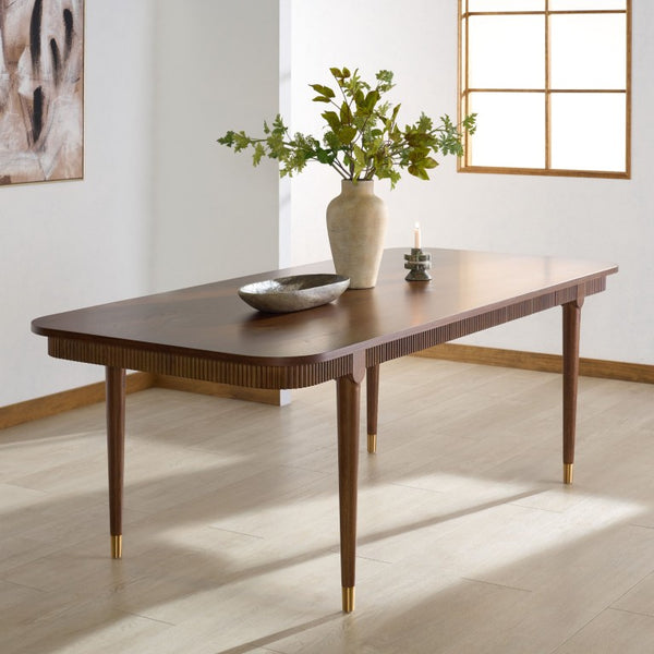 Safavieh Kaylenne Walnut Dining Table with Brass Accents and Ribbed Apron Seats Six to Eight SFV4235A