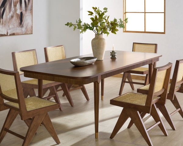 Safavieh Kaylenne Walnut Dining Table with Brass Accents and Ribbed Apron Seats Six to Eight SFV4235A