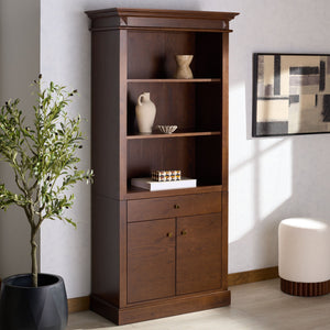 Safavieh Francesco 4 Shelf Wood Bookcase – Stylish Storage Solution With Elegant Accents For Any Room Walnut ,Brass Wood ,Metal Sfv4238a-2bx