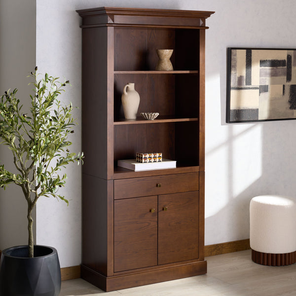 Safavieh Francesco 4 Shelf Wood Bookcase – Stylish Storage Solution With Elegant Accents For Any Room Walnut ,Brass Wood ,Metal Sfv4238a-2bx