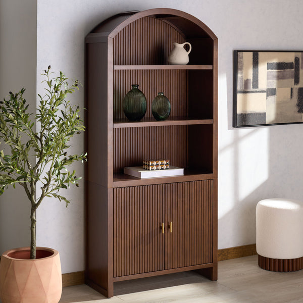 Safavieh Elladora Sophisticated Ribbed Front Wood Bookcase - Elevate Your Space With Modern Elegance Walnut ,Brass Wood ,Metal Sfv4240a-2bx