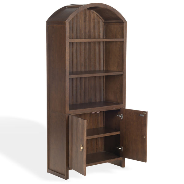 Safavieh Elladora Sophisticated Ribbed Front Wood Bookcase - Elevate Your Space With Modern Elegance Walnut ,Brass Wood ,Metal Sfv4240a-2bx