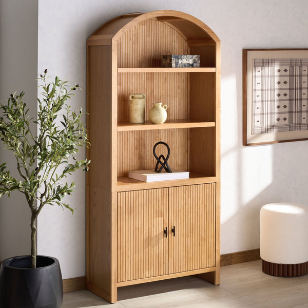 Safavieh Elladora Sophisticated Ribbed Front Wood Bookcase - Elevate Your Space With Modern Elegance Natural ,Black Wood ,Metal Sfv4240b-2bx