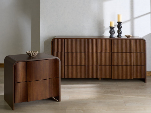 Safavieh VITALE Reeded Wood Dresser - Elegant Storage Solution with Textured Design for Timeless Interiors Walnut SFV4260B