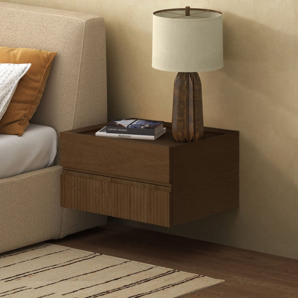 Safavieh DONTAY 2-Drawer Ribbed Floating Nightstand - Modern Design for Stylish Bedroom Storage Solutions Walnut SFV4262B
