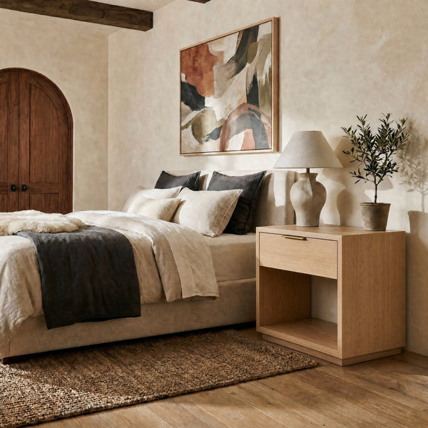 Safavieh Gabribecca Oak Veneer Nightstand with Brass Hardware Single Drawer Bedroom Storage GREIGE OAK SFV4278A