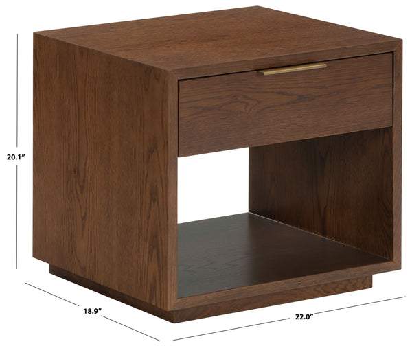 Safavieh Gabribecca Oak Veneer Nightstand with Brass Hardware Single Drawer Bedroom Storage WALNUT SFV4278B