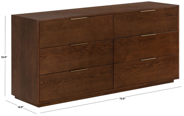 Safavieh Gabribecca Six Drawer Dresser with Oak Finish and Brass Hardware for Modern Bedrooms Brown SFV4280B