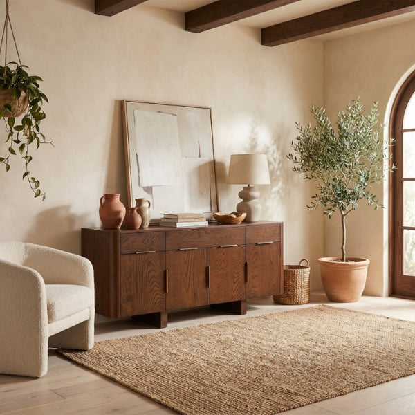 Safavieh Dorothea Mid-Century Walnut Sideboard with Brass Hardware and Three Drawer Storage SFV4282A