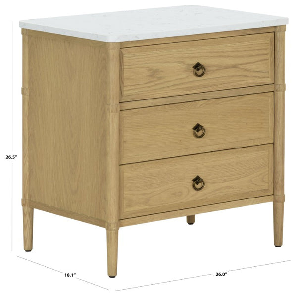 Safavieh Alexarose Three Drawer Nightstand with Marble Top Greige Oak Finish Bedroom Storage Gray SFV4289A