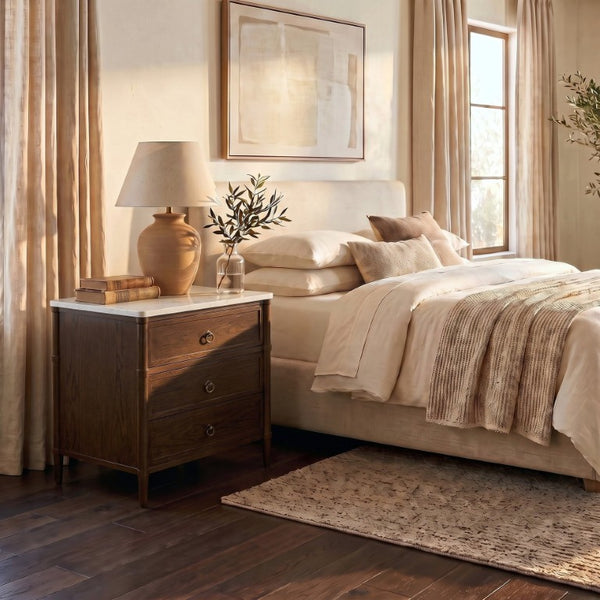 Safavieh Alexarose Three Drawer Nightstand with Marble Top Greige Oak Finish Bedroom Storage Brown SFV4289B
