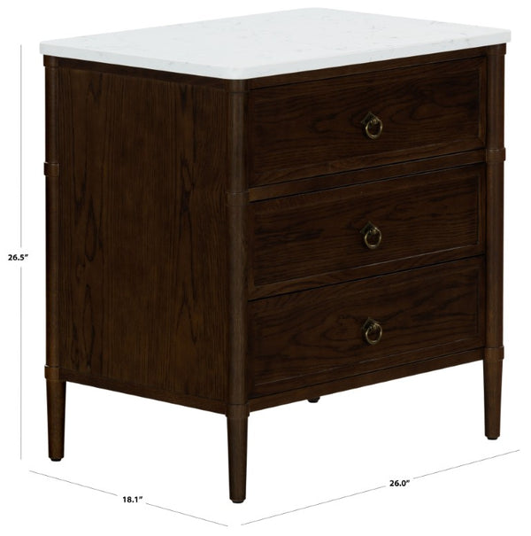 Safavieh Alexarose Three Drawer Nightstand with Marble Top Greige Oak Finish Bedroom Storage Brown SFV4289B