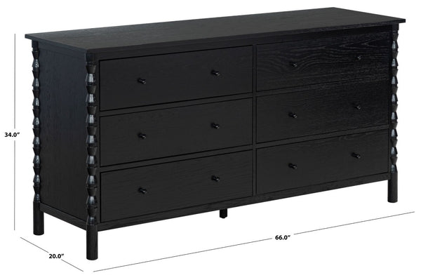 Safavieh Alyssabelle Solid Wood Six Drawer Dresser with Hand Carved Legs for Primary Bedroom Black SFV4291B