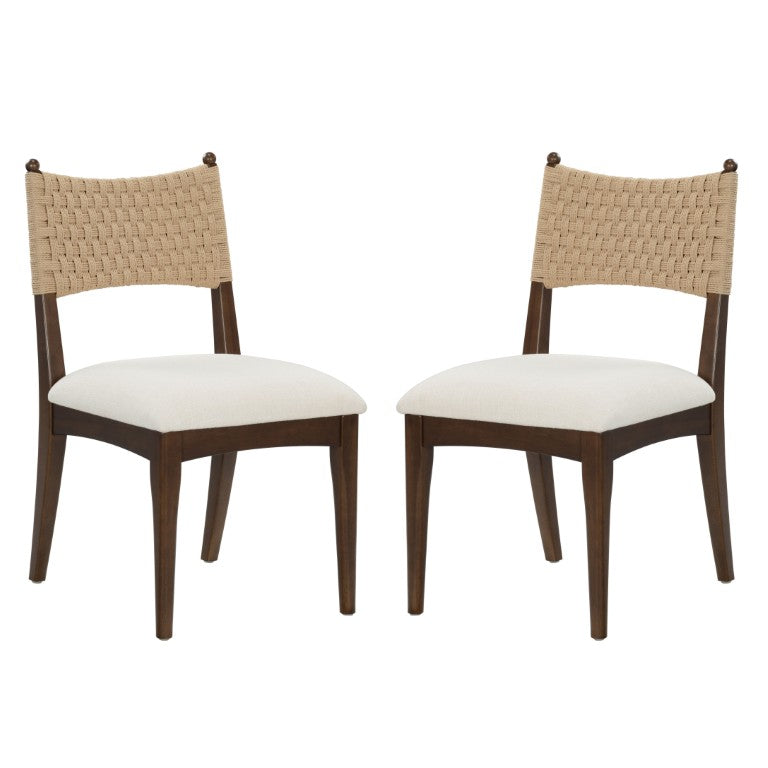 Safavieh Capriano Woven Back Walnut Wood Dining Chair with Ivory Upholstered Seat for Modern Spaces SFV4295A-SET2